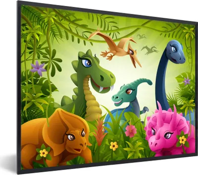 Produktbild von MuchoWow® Gerahmtes Poster Dinosaurier - Tiere - Dschungel - Illustration - Baby - Jungen - Mädchen - Kinder 80x60 cm - Poster mit Schwarzem Bilderrahmen Wandposter Rahmen Foto Bilder - Schwarzem - Mit Gestell
