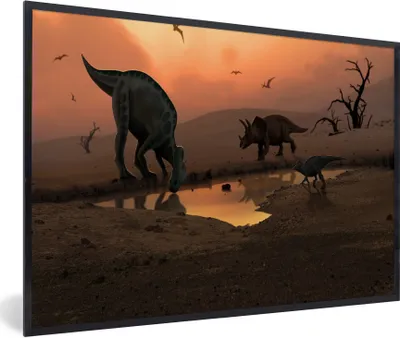 Produktbild von MuchoWow® Gerahmtes Poster Dinosaurier - Wilde Tiere - Zeichnung - Kinder - Kind 90x60 cm - Poster mit Schwarzem Bilderrahmen Wandposter Rahmen Foto Bilder - Fotorahmen - Foto-Plakat