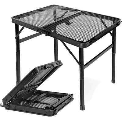 Produktbild von Campingtische, Campingtisch Klappbar 60×40cm, Beistelltisch, Gartentisch, Grilltisch mit Metallgitterplatte, Klapptisch 2 Höhenverstellbar(27/56cm)