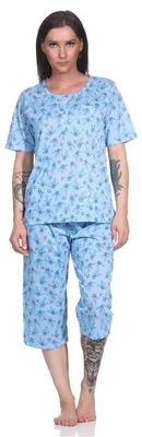 Produktbild von Damen Pyjama 2 teiliger Schlafanzug Hausanzug 3/4 Sommer; Blau/M/38