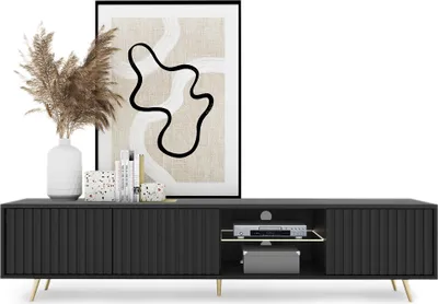 Obrázek produktu pro Selsey TV dolní skříňka Bello černá s bílým LED osvětlením lamelová přední část zlaté nožičky šířka 175 cm