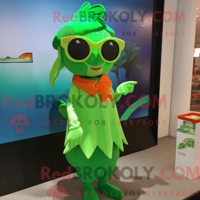 Image de Personnage mascotte REDBROKOLY d un poisson rouge vert habillé d une robe fourreau et de lunettes de soleil