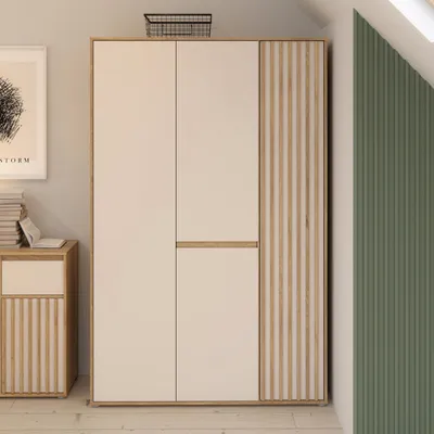 Produktbild von Forte ELISTON Kleiderschrank 120 130, moderner Kleiderschrank mit Lamellendesign, 3-türig, Schlafzimmer, Mauvella Eiche Holzdekor|Kashmir Beige, 128,7 cm breit x 200,1 cm hoch x 54 cm tief