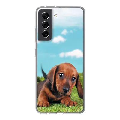 Produktbild von MuchoWow® Handyhülle Schutzhülle Hülle für Samsung Galaxy S21 FE Schöner Himmel über einem niedlichen Dackelwelpen Silikon Softcase Handy Hülle - Mobiltelefonhülle
