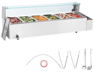 Productafbeelding van VEVOR commerciële warmhoudkast met 6 bakken (elk 5 liter / 1/3 grootte), elektrische stoomtafel met glazen afdekking, 1500W, roestvrijstalen aanrechtmodel, buffet warmhoudapparaat, temperatuurregeling van 30–85 °C