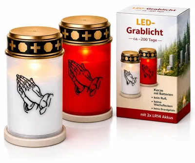 Produktbild von 2 Grablichter LED mit Batterie wetterfest | Grabkerzen mit Batterien für lange Brenndauer von bis zu 6 Monaten | LED-Grablicht mit Flackern wie bei einer echten Kerze (2 Grablichter Set rot-weiß)