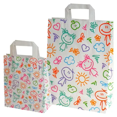 Produktbild von Papiertragetaschen mit Flachhenkel Happy (18 + 8 x 22 cm, 25 Stück)