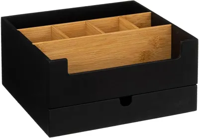 Immagine prodotto di Organizzatore per trucchi, dimensioni 26 x 24 x 13 cm, con 9 scomparti, 1 cassetto, colore nero e bambù, ideale per il bagno