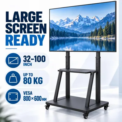 Obrázok produktu pre WISFOR EXTRA STABILNÝ TV stojan s kolieskami, 100" TV stojan na pojazdnom vozíku, výškovo nastaviteľný TV stojan s AV policami pre 32"-100"