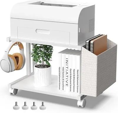 Produktbild von Famanu Druckertisch mit 2 Ebenen und Ablagetasche - Holz-Druckerständer mit Rollen