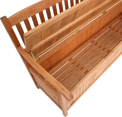 A close-up, angled view of an open wooden storage bench.