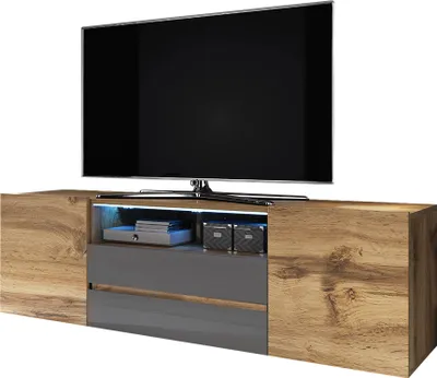 Produktbild von Selsey TV-Lowboard BROS - TV-Tisch in Wotan Eiche / Grau Hochglanz mit LED-Beleuchtung, 137 cm breit