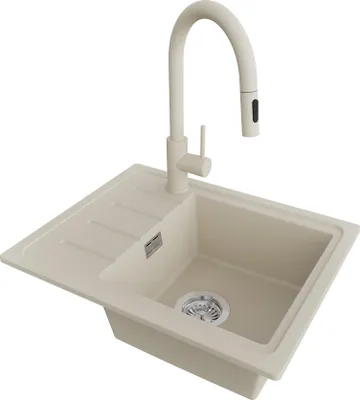 Produktbild von PRIMAGRAN Granitspüle Beige 55x44cm, Spülbecken 1 Becken + Küchenarmatur 40x20cm + Ablauf-Set, Küchenspüle ab 45er Unterschrank - Kopenhagen Easy