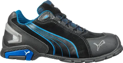 A side view of a black and blue Puma safety shoe.