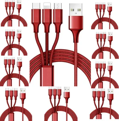 Produktbild von 3-in-1 Ladekabel Robustes Mehrfachladekabel mit USB-C Micro und iPhone Anschluss – Rot / 10 Pack