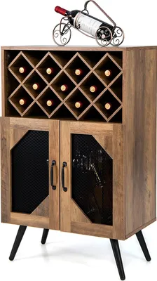 Zdjęcie produktu dla Szafka na wino z wyjmowanym stojakiem na wino i zintegrowanym uchwytem na kieliszki, drewniana szafka kuchenna, szafka barowa do jadalni, salonu, kuchni, brązowa
