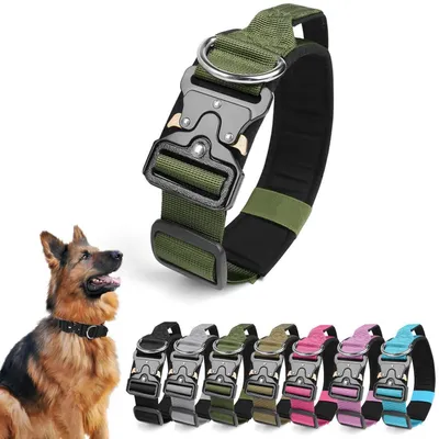 Produktbild von Taktisches Hundehalsband mit Griff, Verstellbar, Gepolstert, Metallschnalle, Armeegrün XL