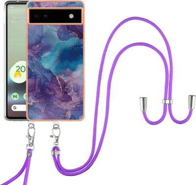 Produktbild von Google Pixel 6A Handykette Hülle, Muster TPU Bumper Schutzhülle mit verstellbarem Tragegurt für Google Pixel 6A Lila