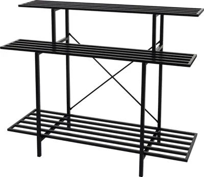 A black metal plant stand with three tiers.