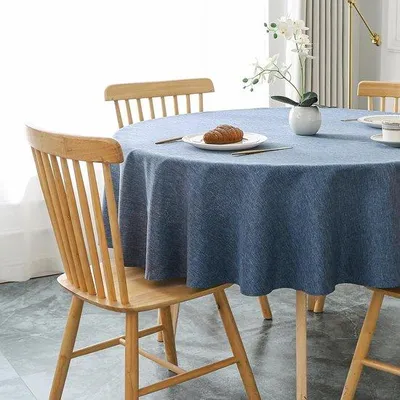 Image de Nappe ronde hydrofuge aspect coton - Diamètre 120 cm, bleu