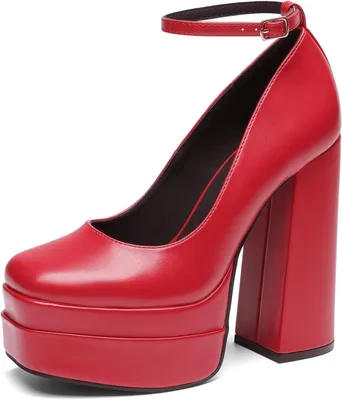Productafbeelding van Dames plateaupumps met gesloten neus, enkelbandje en blokhak, rood, maat 37