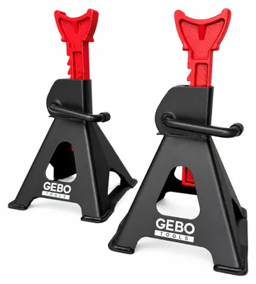 Immagine prodotto di Set-kit 2 cavalletti auto, per carrozzeria, capacità 3 t, altezza regolabile, supporti per assale con leva di sicurezza, da sostegno per officina, fai da te, domestico, garage, moto, Gebo Tools