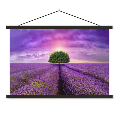 Produktbild von MuchoWow® Textilposter Lavendel - Baum - Lila - Wolken 90x60 cm mit schwarzem Rahmen - Aufhängungssatz