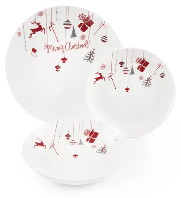 18-teiliges Weihnachtsgeschirrset, Porzellan, weiß/rot, rund