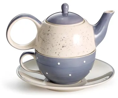 Produktbild von Tea-for-One Set Jolka Steinzeug, Taubenblau, Keramik, 4-teilig, Kanne 0,4l Tasse 0,2l, Spülmaschinenfest
