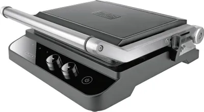 Produktbild von Black & Decker Elektrogrill BXGR2000E, 2000 W, Anti-Fingerprint-Edelstahl, Schwarz, 2-in-1 Grill-/Garplatte, Sandwichtoaster- & Tischgrillfunktion, abnehmbare Platten, einstellbarer Thermostat, Timer, LCD-Display, 180°-Öffnung, rechteckig, 2 Platten, 754 cm² Grillfläche, 345x145x344 mm