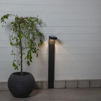 A black solar-powered garden light stands next to a potted plant against a white wooden wall.