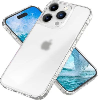 A clear phone case is shown with a phone inside, displaying a water-themed wallpaper.