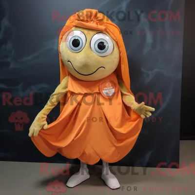 Productafbeelding van Mascot REDBROKOLY karakter van een oranje oester gekleed met een wikkeljurk en messenger bags