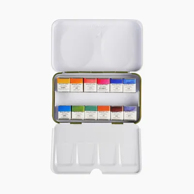 Produktbild von Mairtini Caravaggio Professionelles Aquarellfarben Set – 12 Farben in halben Näpfchen in einer Designer-Metallbox