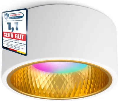 Produktbild von SSC-LUXon OLINO Aufbaustrahler weiß gold mit LED Lampe kompatibel mit Alexa, Siri & Google - Spot flach mit Smart LED RGB+W GX53