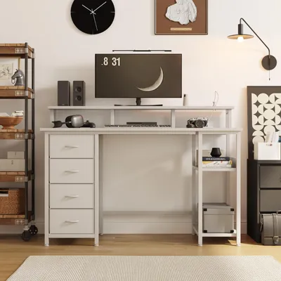 Obrázek produktu pro Počítačový stůl s zásuvkami, rozměry 120x50 cm, bílý, s USB porty a podstavcem pro monitor