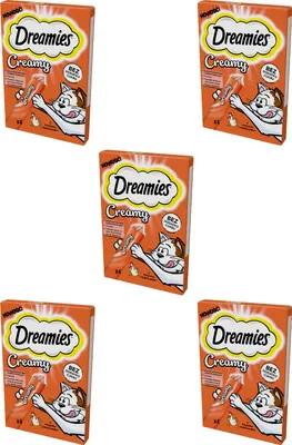 A collage of five identical product packages for Dreamies Creamy cat treats.