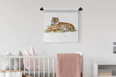 Produktbild von MuchoWow® Wandteppich Wandbehang Tiger - Orange - Gras 60x60 cm Tapisserie Dekoration Wandtuch - Dekorationen - Wand Decke