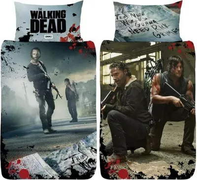 Collage of two different designs for The Walking Dead bedding.