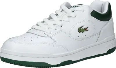 A white Lacoste sneaker with green accents.
