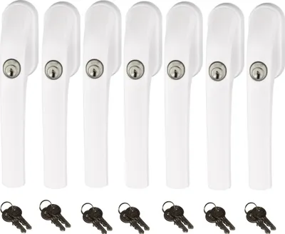 A set of seven white window handles with integrated locks and keys, arranged in two rows against a white background.