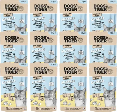 Produktbild von Dogs’n Tiger Adult Nassfutter für Katzen, Katzenfutter, Allerlei, Lachs, Ei & Kürbis, 12x 125g