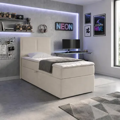 Produktbild von NORDELO Boxspringbett MODERNO 90x200 cm Weiß Komplett-Set gepolstertes Einzelbett mit Stauraum, Matratze und 4 cm Visco-Topper, Bonellfederkernmatratze, T30-Schaum