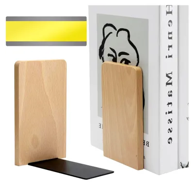 Produktbild von 2 Stück Holz-Buchstützen mit 1 Lesezeichen, Buchenholz Buchstützen für Bücher, CDs und Schallplatten, schwere Buchstützen für Zuhause und Büro