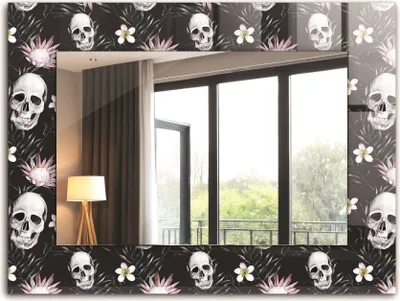 Produktbild von Dekorativer Wandspiegel - Bedruckter Spiegel - Motiv - 80x60 cm - Totenköpfe Und Blumen