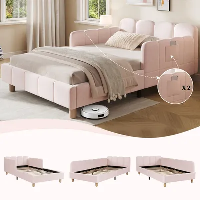 Produktbild von Merax Tagesbett Polsterbett 90x200 cm, Kinderbett mit Rausfallschutz, gepolstertes Kopfteil, Bettgestell mit Lattenrost, Massivholz Beine, Samt Rosa