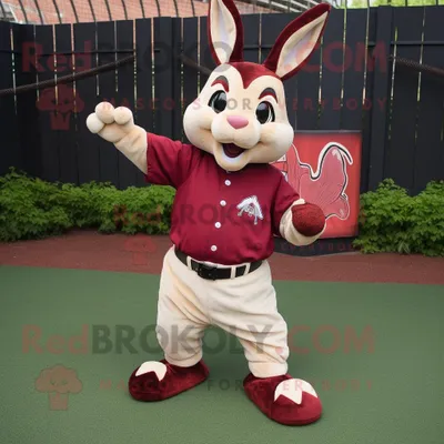 Produktbild von Kastanienbrauner REDBROKOLY Hase Maskottchen Kostüm charakter bekleidet mit einem Baseball-T-Shirt und Tragetaschen
