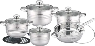 A set of stainless steel pots and pans with glass lids, arranged on a white background.