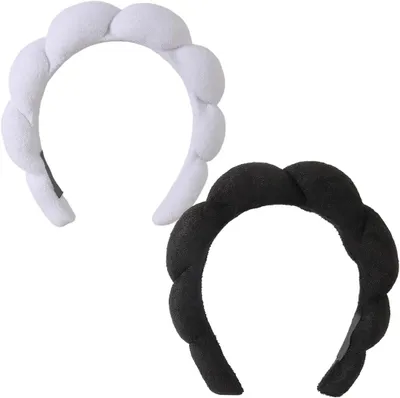 Produktbild von Stirnband für den Wellnessbereich, Hautpflege-Stirnband aus Schwamm und Samt, Gesichts-Stirnband zum Reinigen des Gesichts, zum Entfernen von Make-up, Duschmaske für das Gesicht (weiß + schwarz)