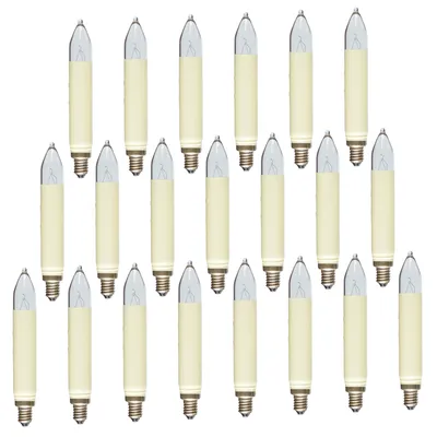 A collection of 21 candle-shaped light bulbs arranged in rows against a white background.